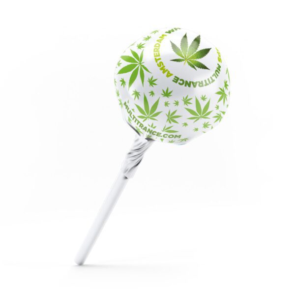 Single White Widow swirl THC-free Cannabis lollipop with hemp, legal edible offering no-high effects and sweet flavour.