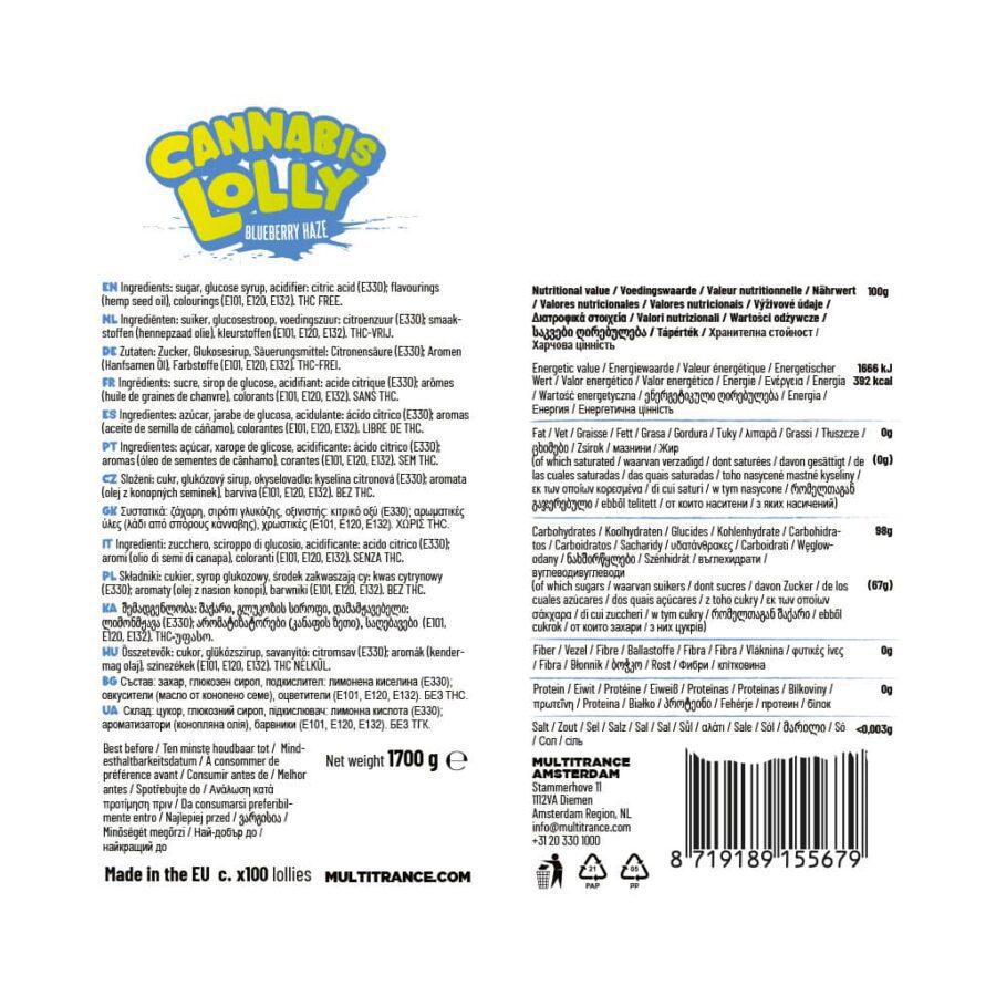 Bulk Cannabis lollipop Blueberry Haze ingredients and nutritional label, THC-free, legal edible for wholesale
