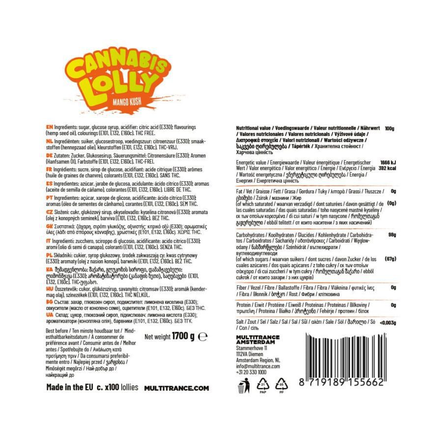 Bulk Cannabis lollipop Mango Kush ingredients and nutritional label, THC-free hemp edible for wholesale