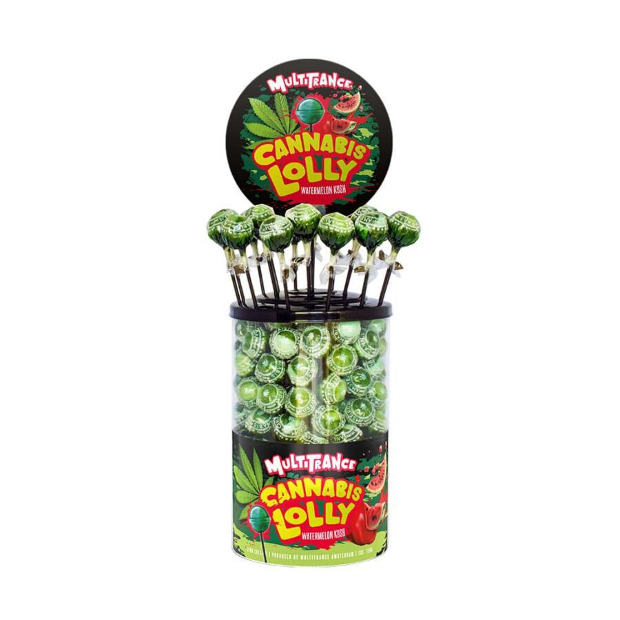 Cannabis lollipops Watermelon Kush display, THC-free with hemp, legal edibles offering no-high effects and juicy fruity flavour.