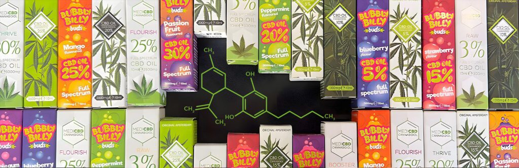 Colorful selection of CBD oil products with different concentrations and flavors, displayed around a chemical formula of cannabidiol (CBD).