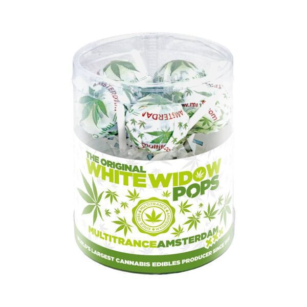 White Widow gift box of THC-free Cannabis lollipops with hemp, legal edibles offering no-high effects and sweet flavour.