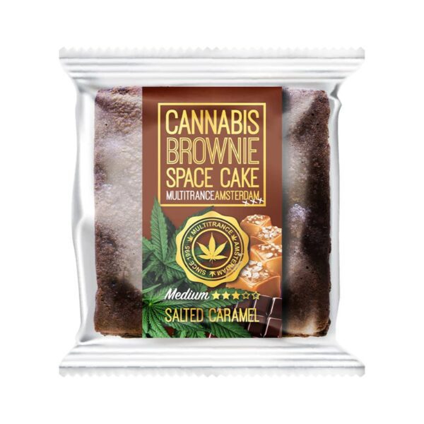 Multitrance salted caramel space cake brownie with medium sativa flavour in plastic wrapping