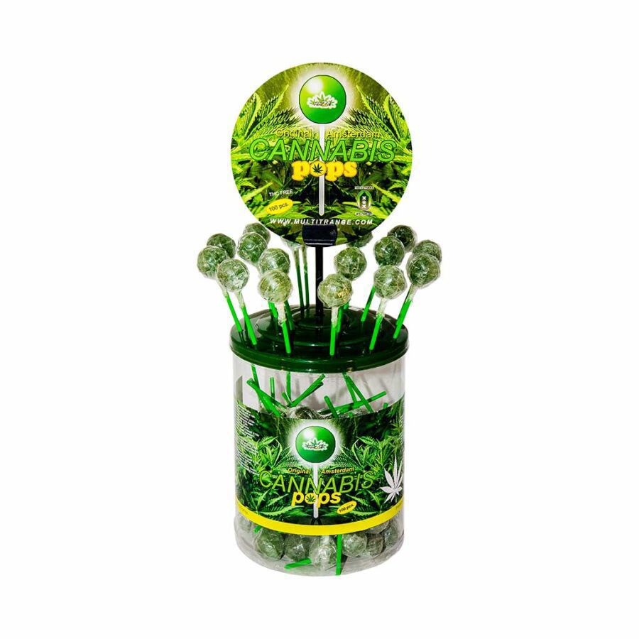 Large display container of THC-free Cannabis lollipops with hemp, legal edibles offering no-high effects, sweet taste and colourful lollies.