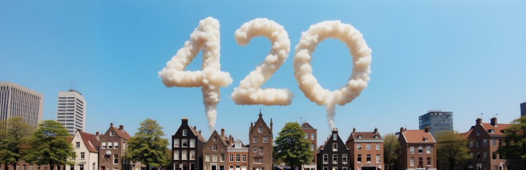 Smoky white clouds forming the number 420 above traditional Amsterdam-style houses with clear blue skies.