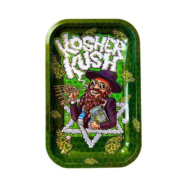 Glossy green metal rolling tray with cartoon character holding a jar and a candle-shaped joint, surrounded by clouds and cannabis buds.