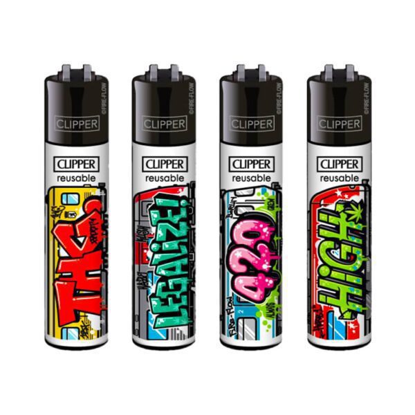 Set of four Clipper Lighters 420 Trains with bold graffiti-style designs reading THC, Legalize, 420, and High – refillable flint premium clipper lighters