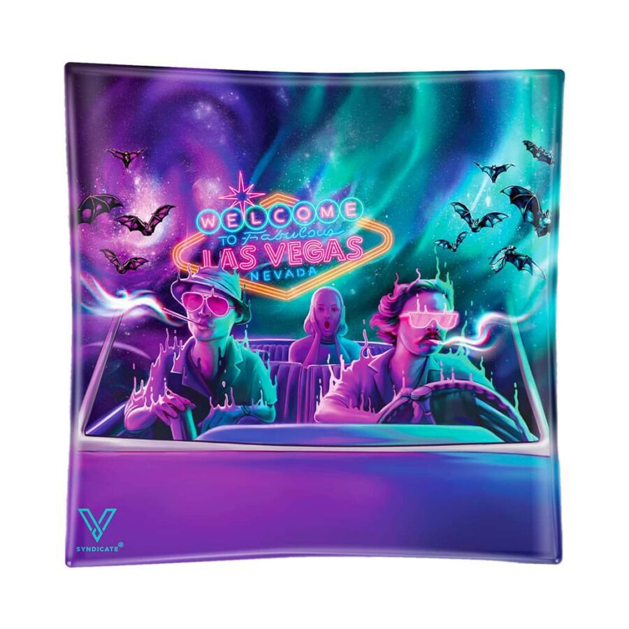 Colorful Bat Country Glass Ashtray by V Syndicate with trippy car scene, neon Las Vegas sign, bats, and smoke trails – shatter resistant, perfect for outdoor use