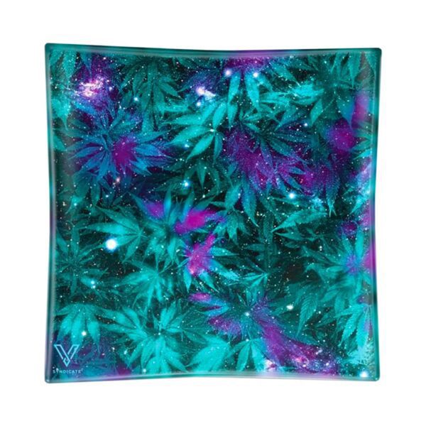 Square Cosmic Chronic Glass Ashtray with teal and fuchsia weed leaf design on starry galaxy background – shatter resistant, durable, and made for outdoor use