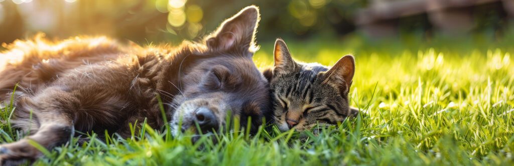 Two relaxed pets—a dog and a cat—lying on grass, representing the calming effects of CBD oil for pets.