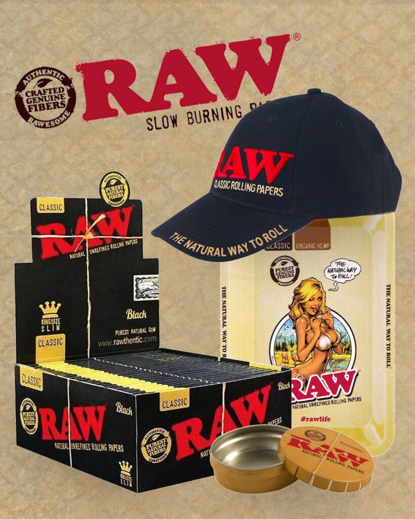 RAW accessories bundle including rolling papers, tray, storage box, apparel, and baseball cap