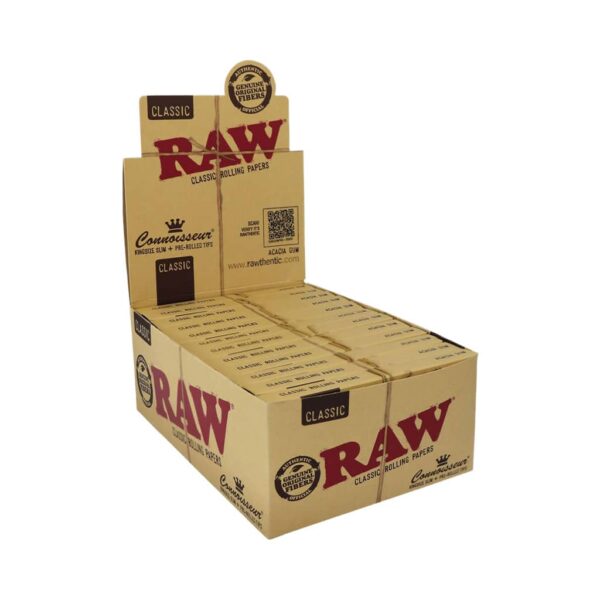 RAW Classic Connoisseur King Size Slim rolling papers with tips – natural unbleached display box