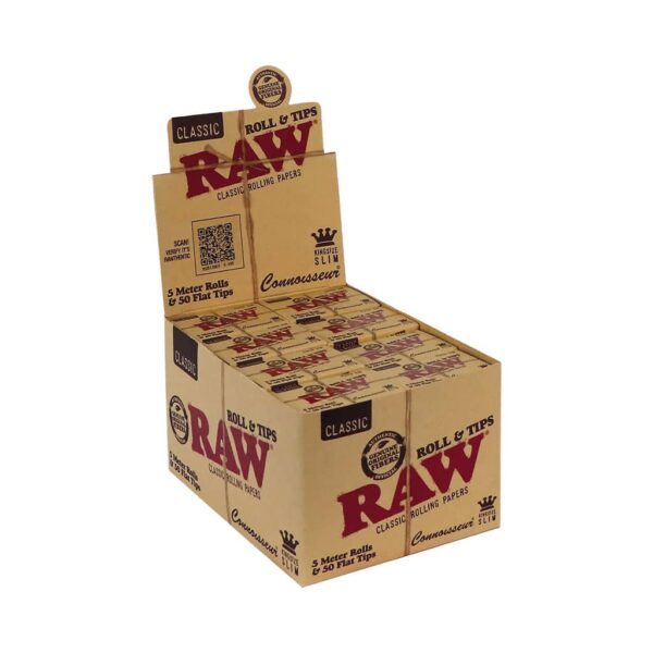 RAW Classic Roll & Tips Connoisseur King Size Slim – unbleached rolling paper rolls with tips display box