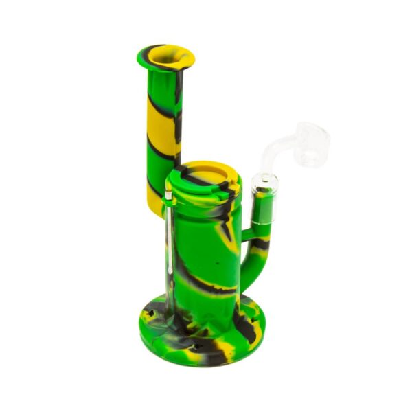 Green, yellow, and black silicone dabbing bong with glass bowl – heat-resistant, flexible, and durable dab rig.