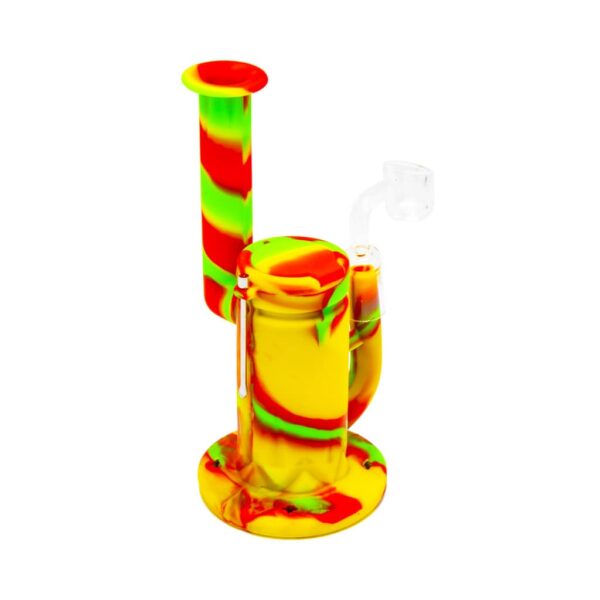 Rasta-colored silicone dabbing bong in red, yellow, and green with glass bowl – heat-resistant, flexible, and durable dab rig.
