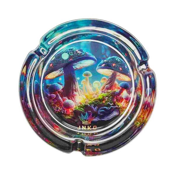 Round glass ashtray with psychedelic forest of glowing magic mushrooms in blue and neon colors, ideal for home or outdoor smoking.
