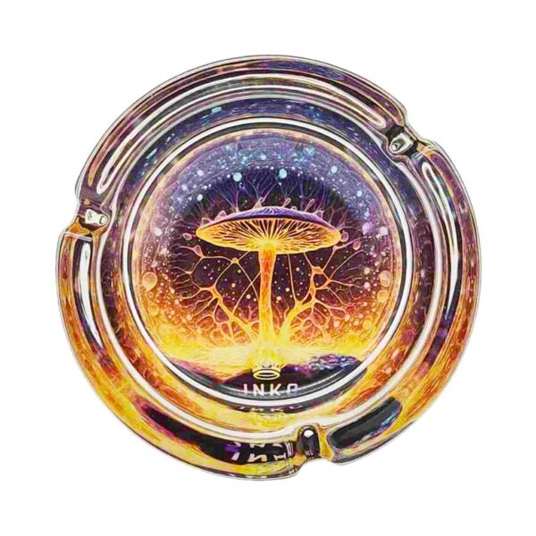 Round glass ashtray with psychedelic magic mushroom design in bright orange and purple cosmic tones, ideal for smoking at home or outdoors.