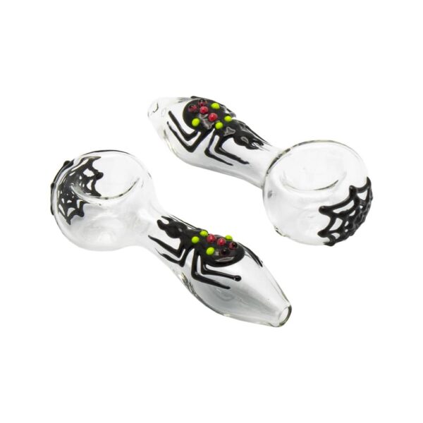 Transparent glass smoking pipe with black spider and web design – Halloween-themed handmade pipe.