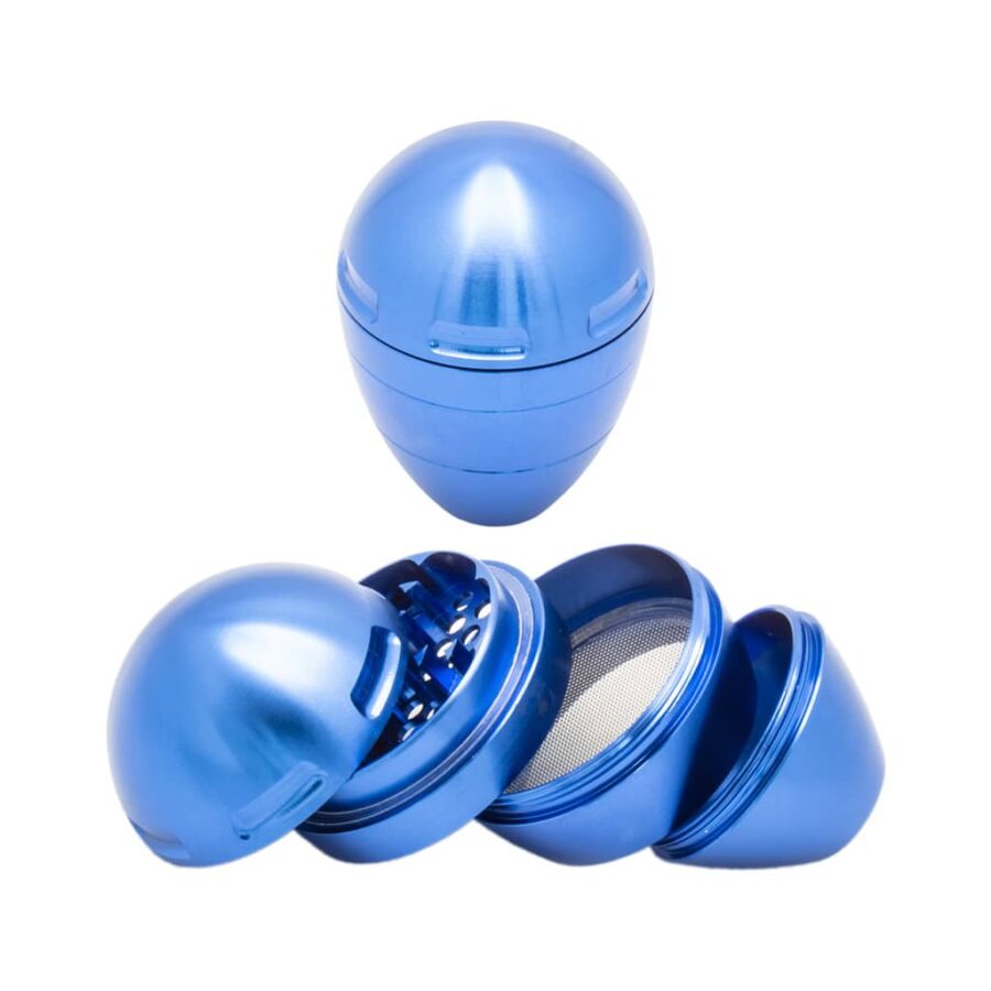 Blue metal egg-shaped herb grinder with 4 parts and pyramid teeth – sleek and durable design.