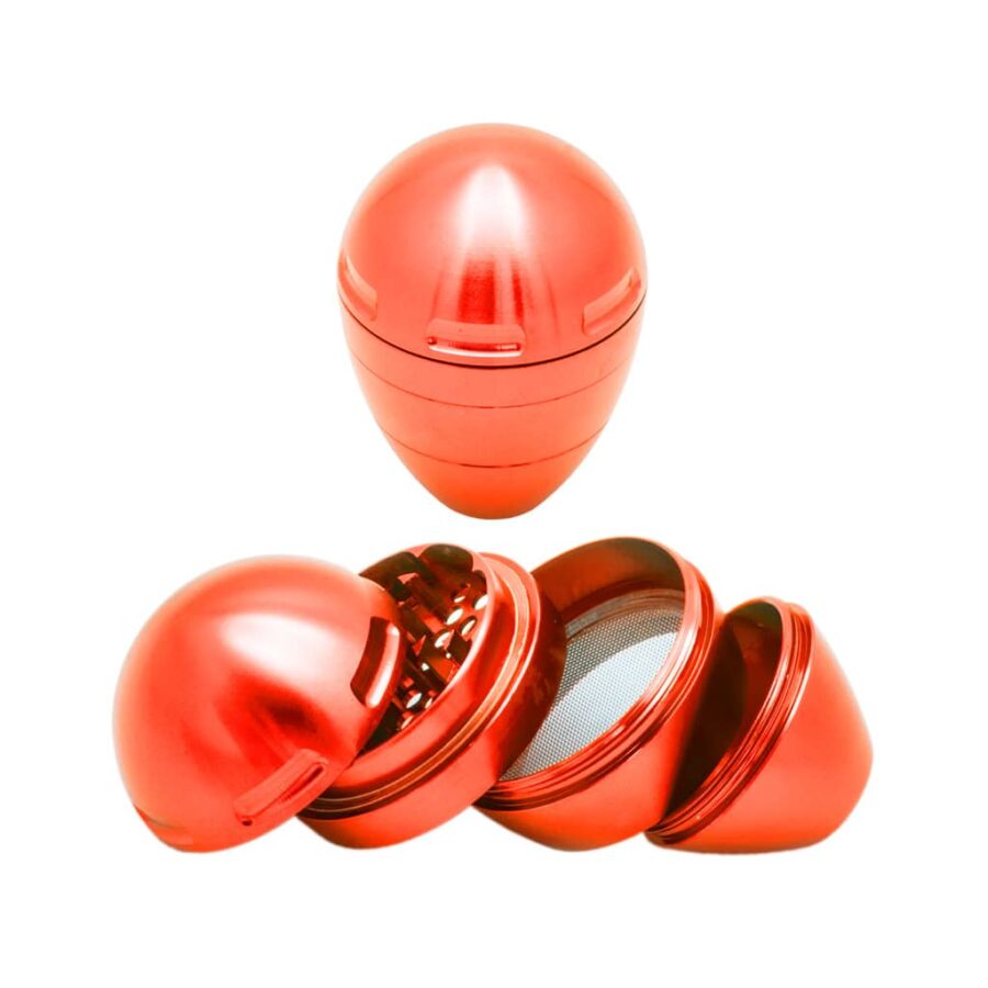 Red metal egg-shaped herb grinder with 4 parts and pyramid teeth – modern and durable grinder design.