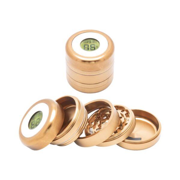 Rose gold 5-part metal herb grinder with built-in temperature and humidity sensor, displayed open and closed on a white background.