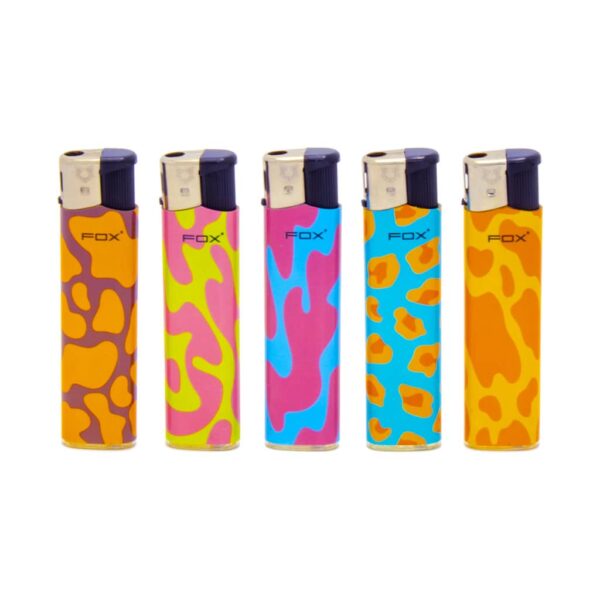 FOX Retro Hippie Lighters – Soft Splashes Design – colorful lighters with abstract 70s-style patterns in orange, pink, blue, and green.