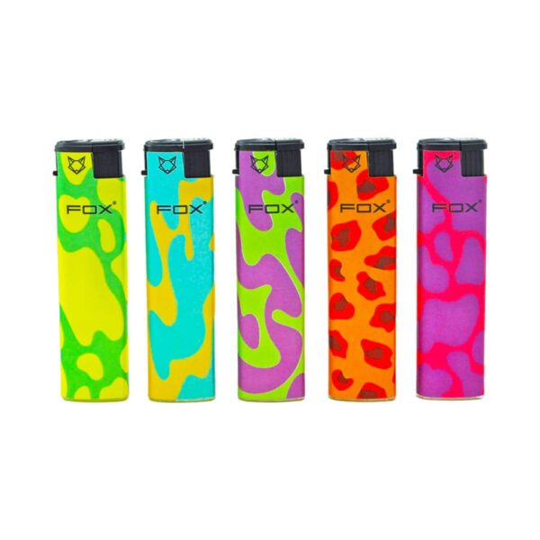 FOX Turbo Jet Flame Lighters – Retro Hippie Animal Print Design – neon windproof lighters with colorful animal-style patterns.