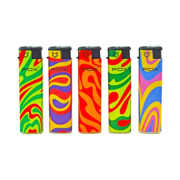 FOX Turbo Jet Flame Lighters – Retro Hippie Psychedelic Design – colorful windproof lighters with 70s-style swirl patterns.