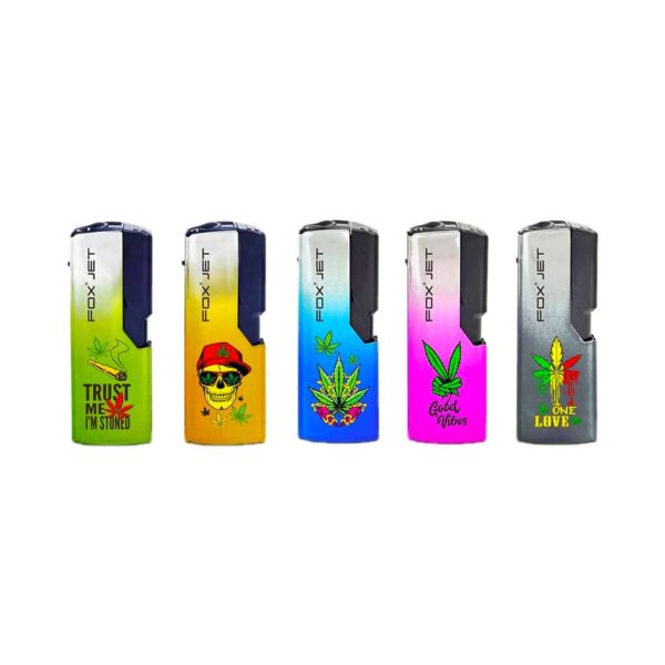 FOX Metal Jet Flame Lighters – Weed Nation Edition –windproof lighters with weed leaf designs and slogans like “Good Vibes” and “One Love.”