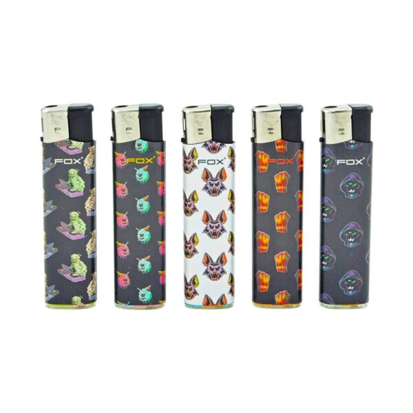 FOX Dark 90s Horror Cartoon Lighters – refillable lighters with mummy, monster, bat, ghost, and french fries – collectible and windproof.