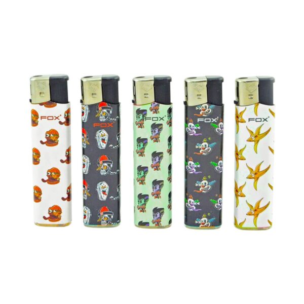 FOX 90s Horror Cartoon Lighters – colorful refillable lighters with skull, vampire, ghost, octopus, and bird designs – collectible and windproof.