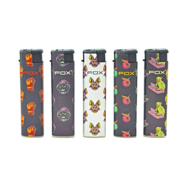 FOX Turbo Jet Flame Lighters with dark horror cartoon designs – skull dog, ghost, monster hand, and mummy patterns – refillable windproof lighters in wholesale display.
