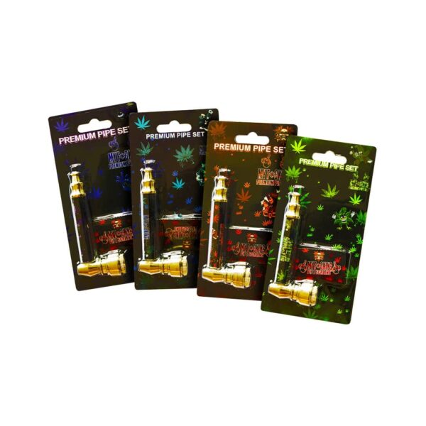 Four Premium Pipe Sets in assorted colors with metal smoking pipes and accessories in blister packaging featuring cannabis leaf designs.