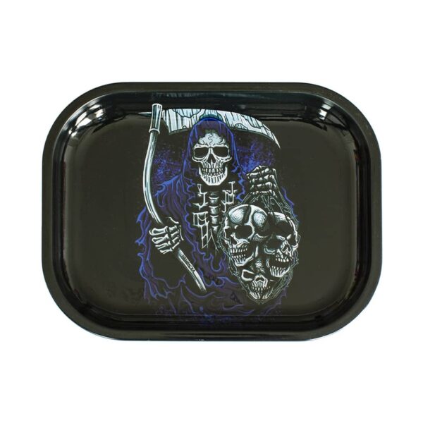 Metal rolling tray with a dark “Follow the Reaper” design featuring a grim reaper holding skulls, on a black background.