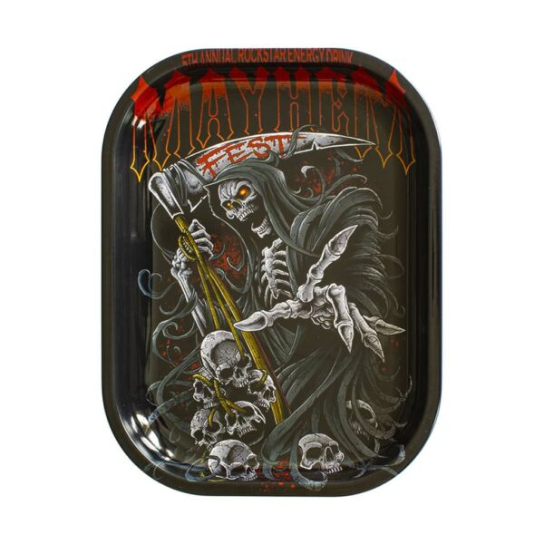 Metal rolling tray with Mayhem Fest design featuring a grim reaper holding a scythe surrounded by skulls on a dark background.