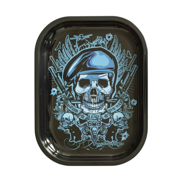 Metal rolling tray with blue “Rangers Lead the Way” skull design featuring military symbols, helicopters, and rifles on a black background.