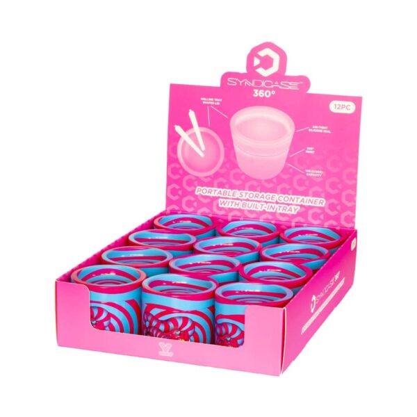 Syndicase 360° stash containers pink and blue design – airtight smell-proof jars with built-in rolling tray display box