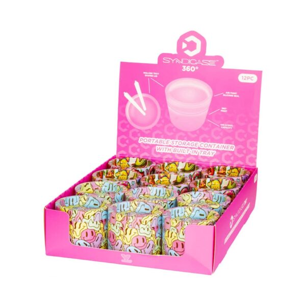 Display box with 12 colorful Syndicase 360° airtight stash containers featuring graffiti-style smiley designs.