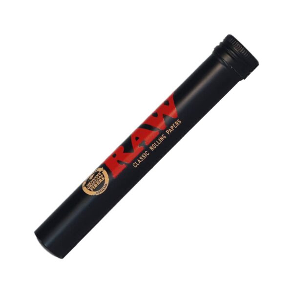 RAW Retro Metal Tube for King Size cones, made of durable black aluminum with red RAW logo and cork-sealed screw cap.