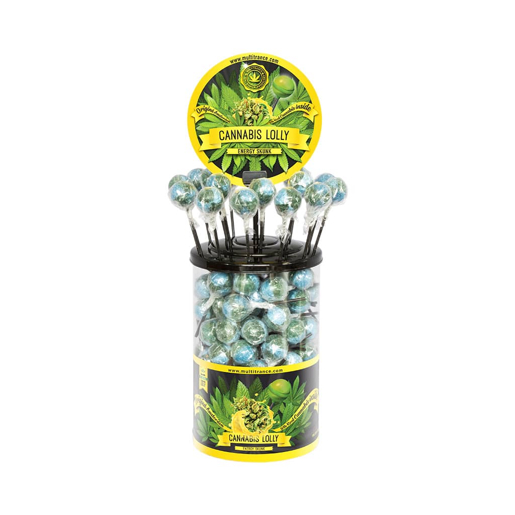 a display container of Multitrance energy skunk flavoured cannabis lollies containing 100 lollipops