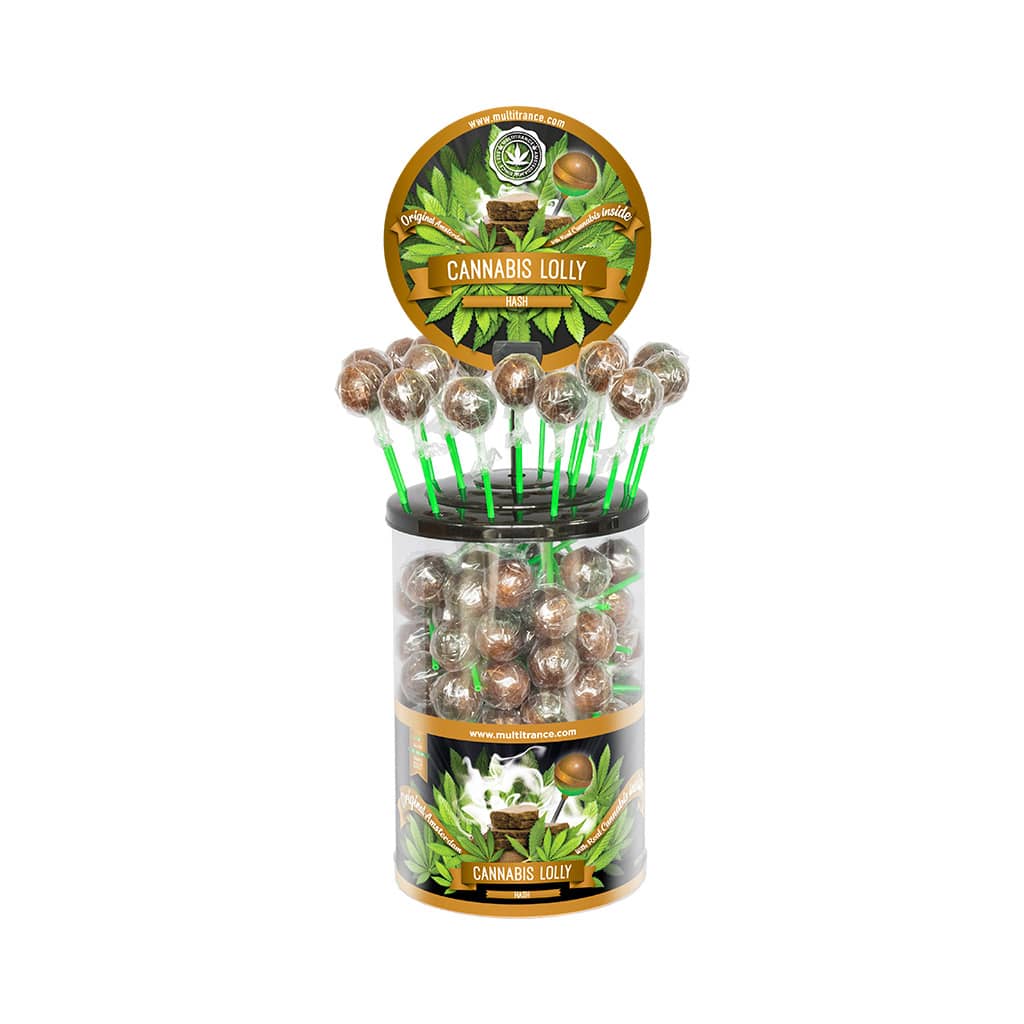 a display container of Multitrance hash flavoured cannabis lollies containing 100 lollipops