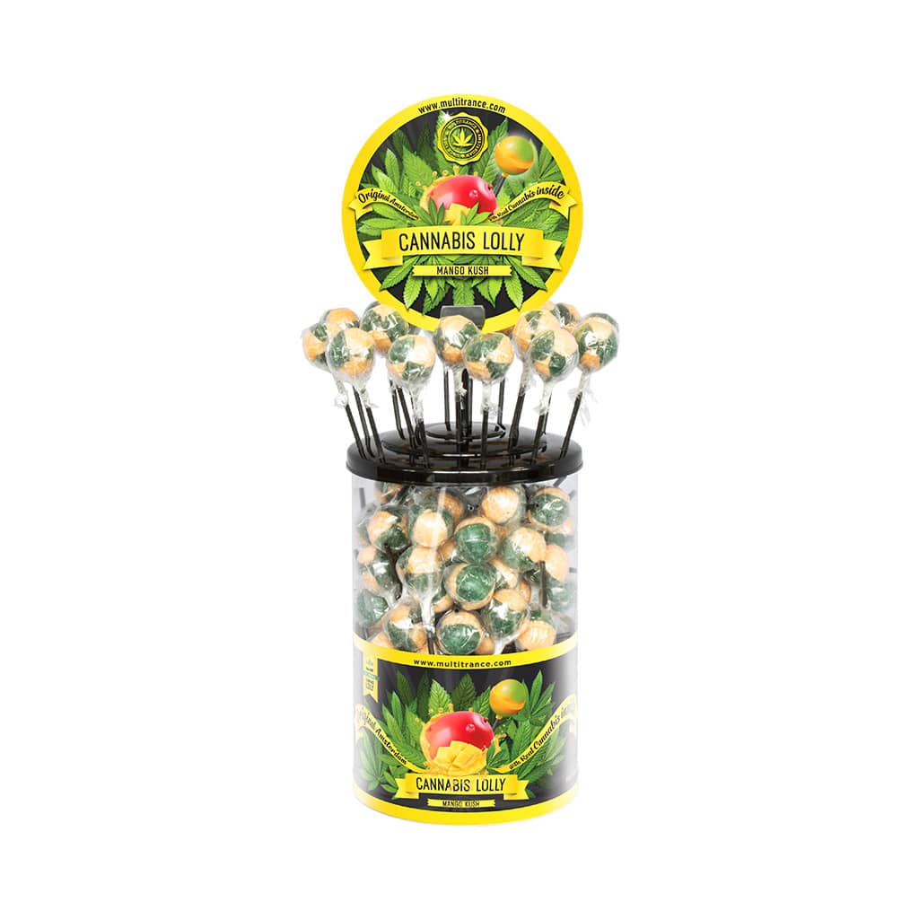a display container of Multitrance mango kush flavoured cannabis lollies containing 100 lollipops