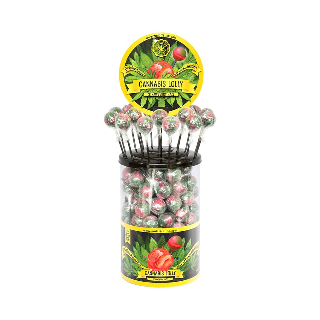 a display container of Multitrance strawberry haze flavoured cannabis lollies containing 100 lollipops