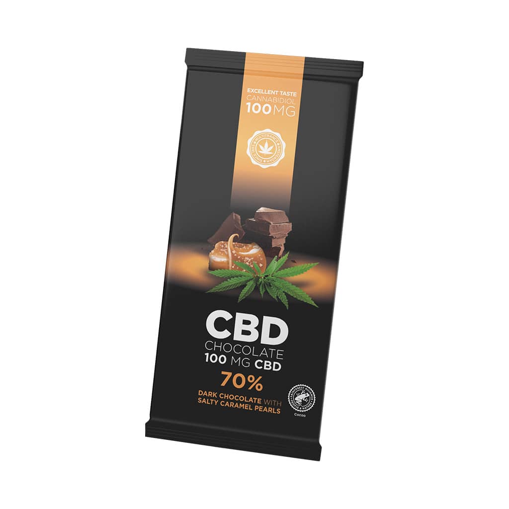 a delicious slab of Multitrance cbd flavoured dark chocolate with salty caramel pearls and 100mg CBD