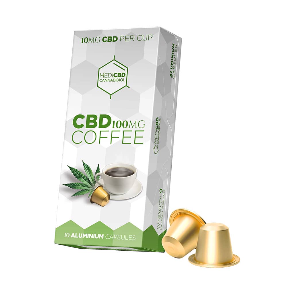 a box of 10 capsules ground coffee with 10mg cbd per capsule