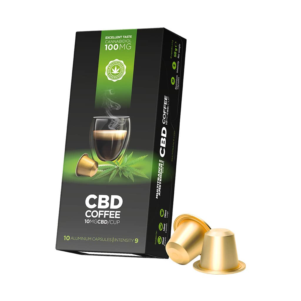 a box of 10 capsules ground coffee with 10mg cbd per capsule