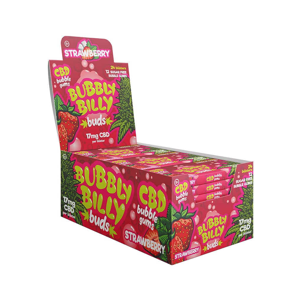 a display carton of Bubbly Billy Buds refreshing strawberry flavoured CBD chewing gum