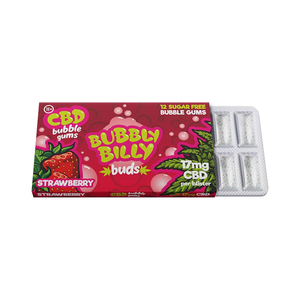 a blister of 12 Bubbly Billy Buds refreshing strawberry flavoured CBD chewing gum