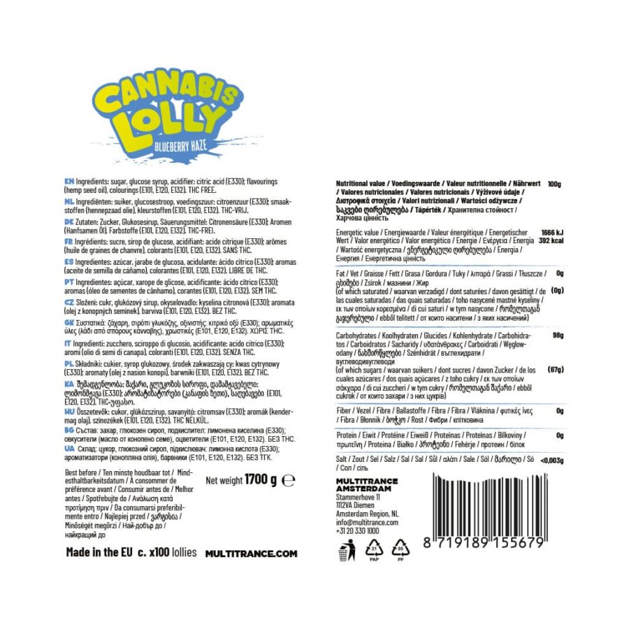 Bulk Cannabis lollipop Blueberry Haze ingredients and nutritional label, THC-free, legal edible for wholesale