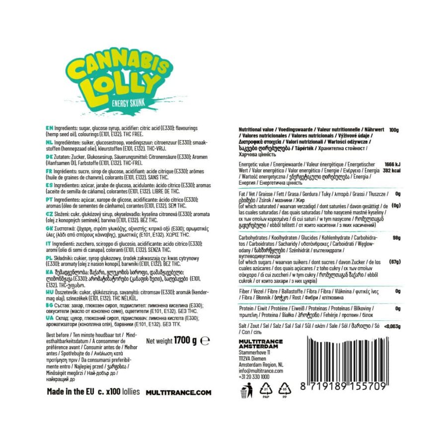Bulk Cannabis lollipop Energy Skunk ingredients and nutrition label, THC-free hemp edible for wholesale